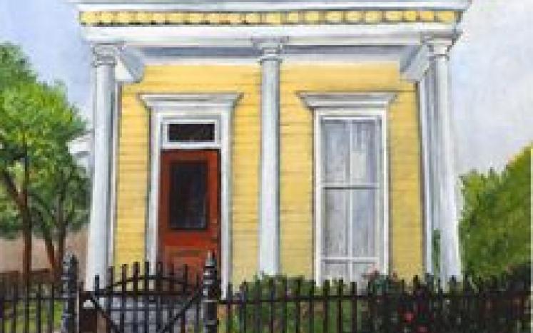 colored drawing of yellow house with a red door and black fence in front